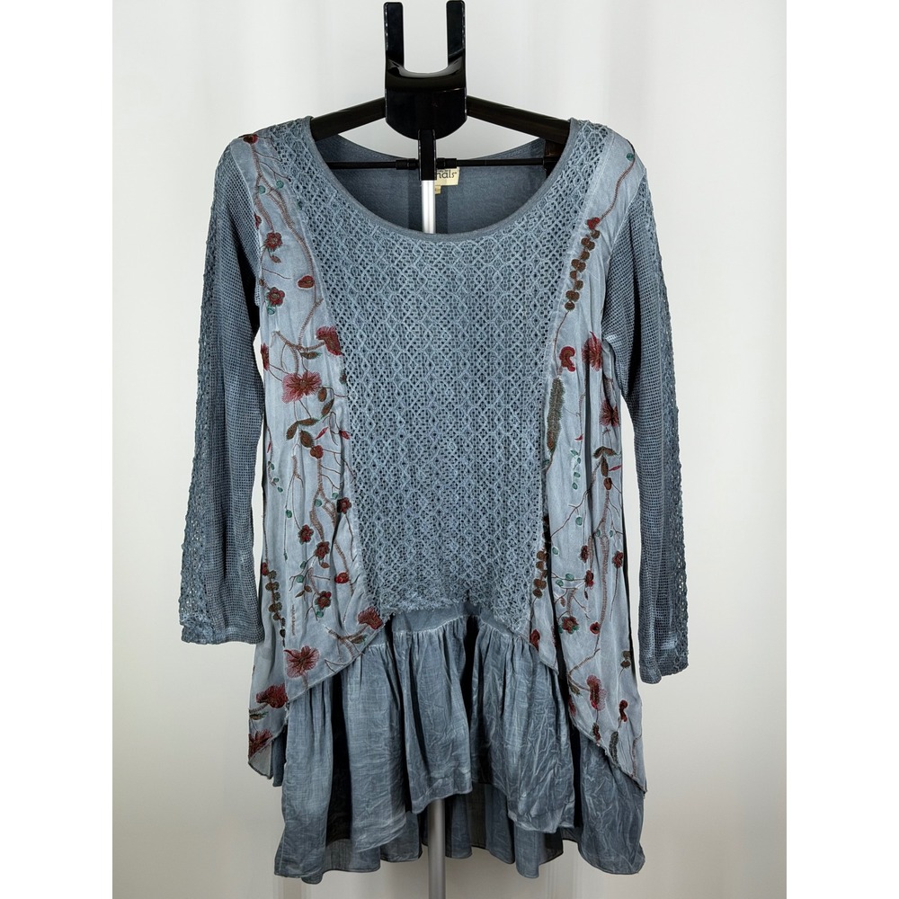 Signals Women Blue Boho Mixed Media Embroidered Ruffle Tunic Top Small